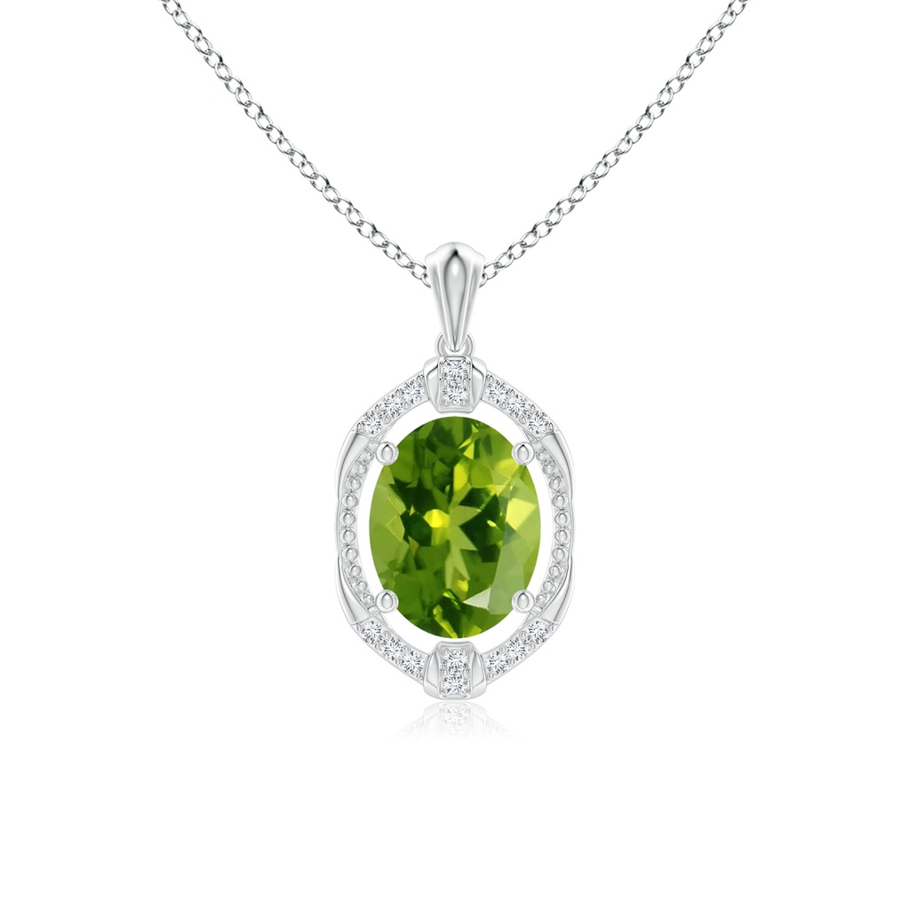 9x7mm AAAA Vintage Inspired Oval Peridot Leo Pendant with Diamonds in White Gold