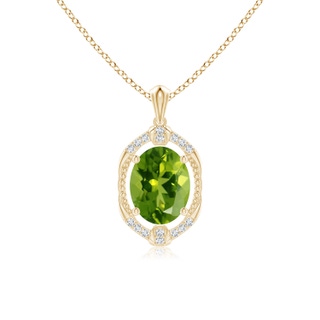 9x7mm AAAA Vintage Inspired Oval Peridot Leo Pendant with Diamonds in Yellow Gold
