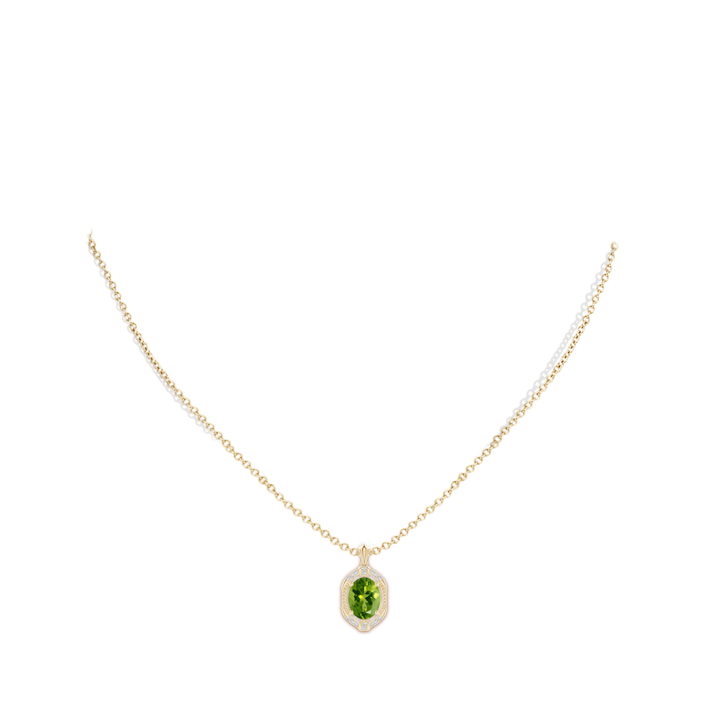 9x7mm AAAA Vintage Inspired Oval Peridot Leo Pendant with Diamonds in Yellow Gold Body-Neck