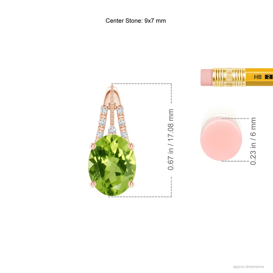 9x7mm AAA Vintage Inspired Oval Peridot and Diamond Leo Pendant in 9K Rose Gold ruler