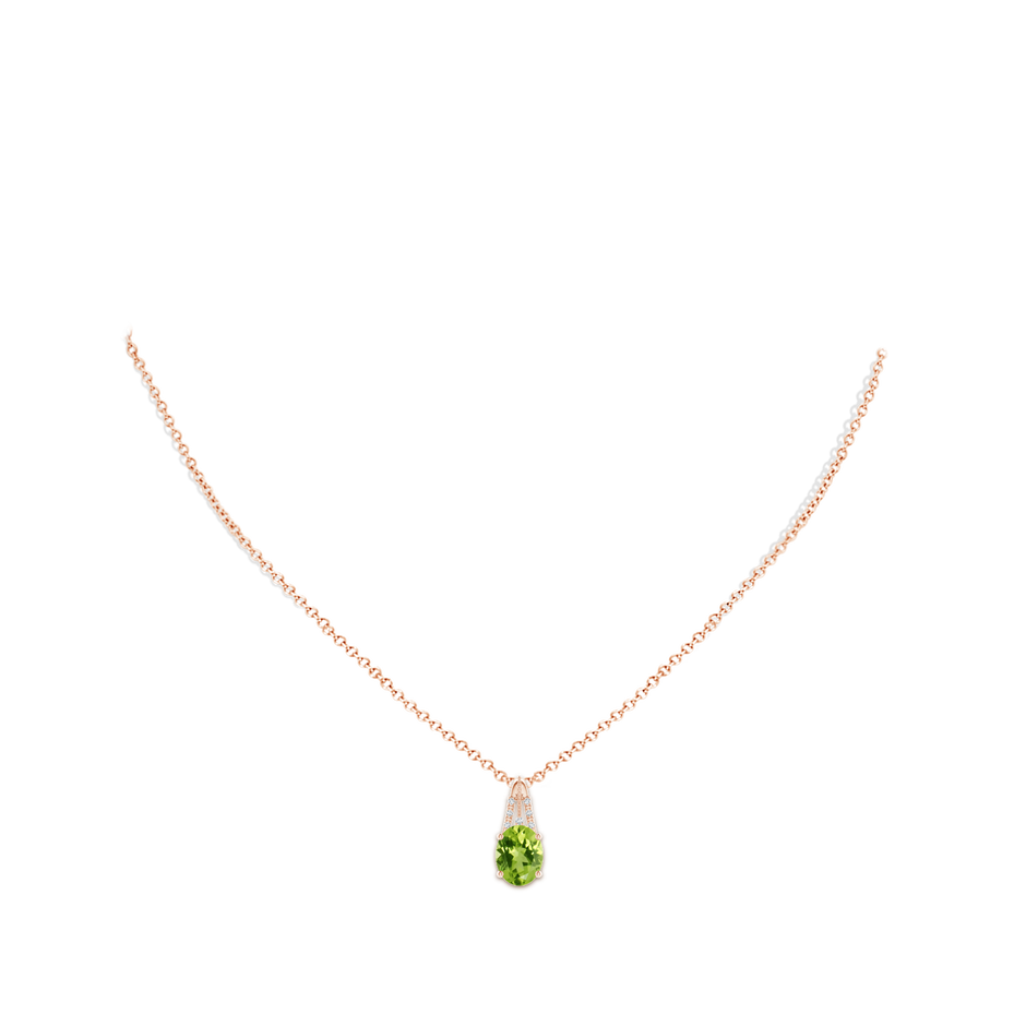 9x7mm AAA Vintage Inspired Oval Peridot and Diamond Leo Pendant in 9K Rose Gold body-neck