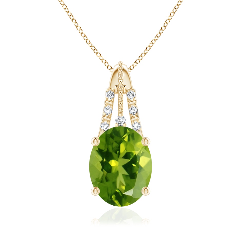 9x7mm AAAA Vintage Inspired Oval Peridot and Diamond Leo Pendant in Yellow Gold 