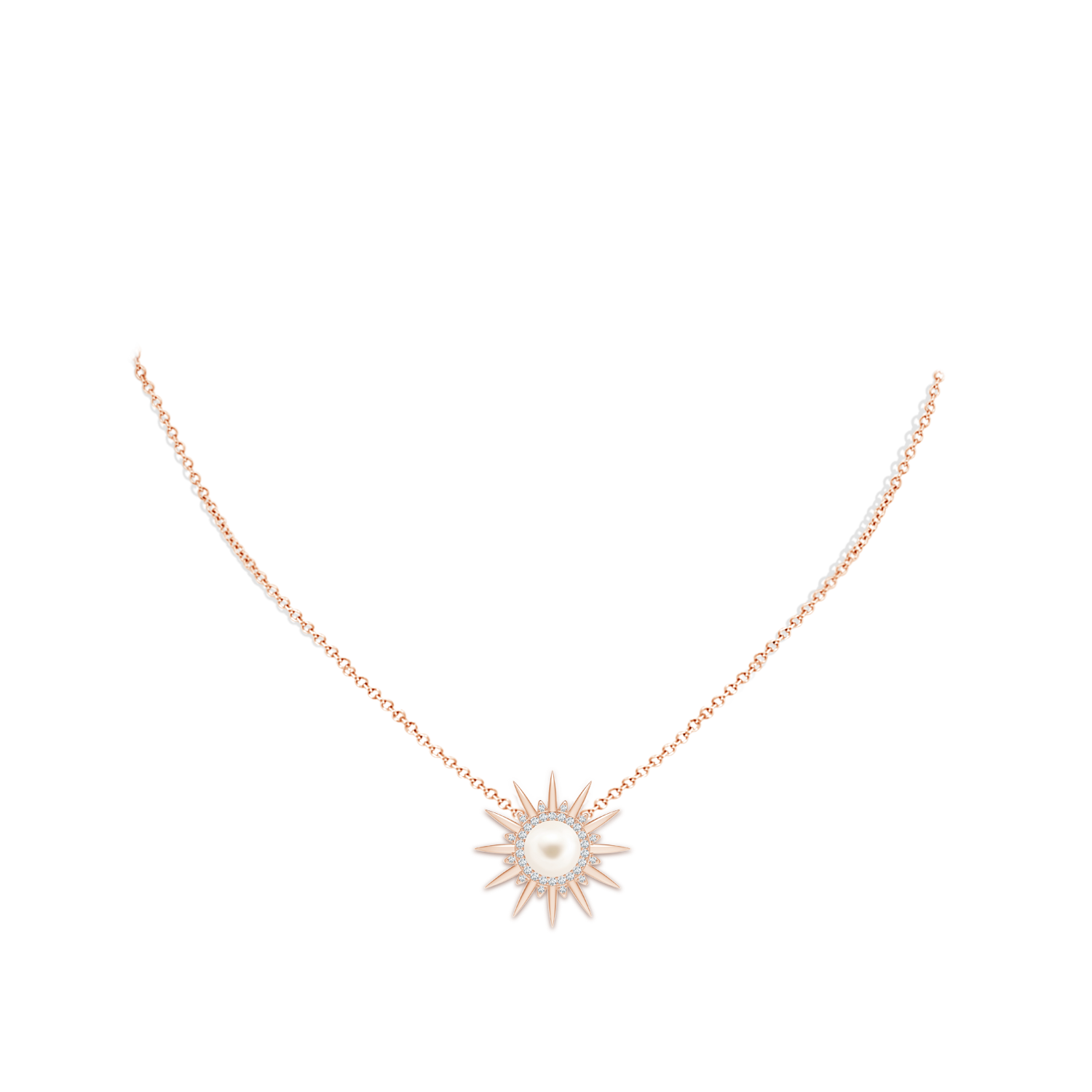 8mm AAA Freshwater Pearl Gemini Multi-Wear Starburst Halo Pendant in Rose Gold - body_neck