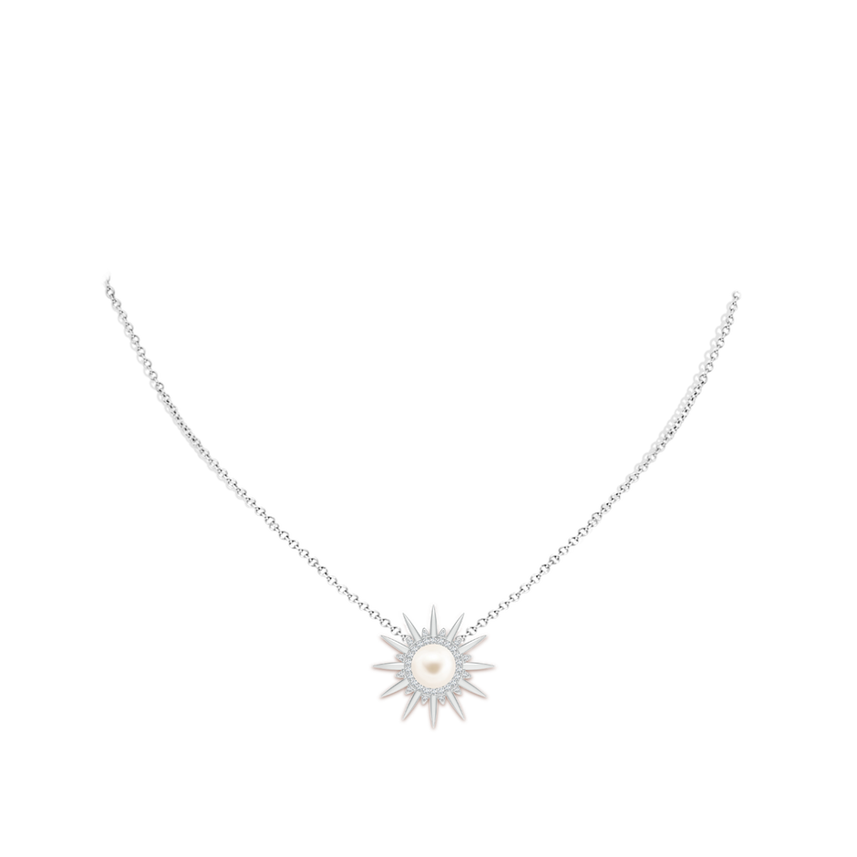 8mm AAA Freshwater Pearl Gemini Multi-Wear Starburst Halo Pendant in White Gold body-neck