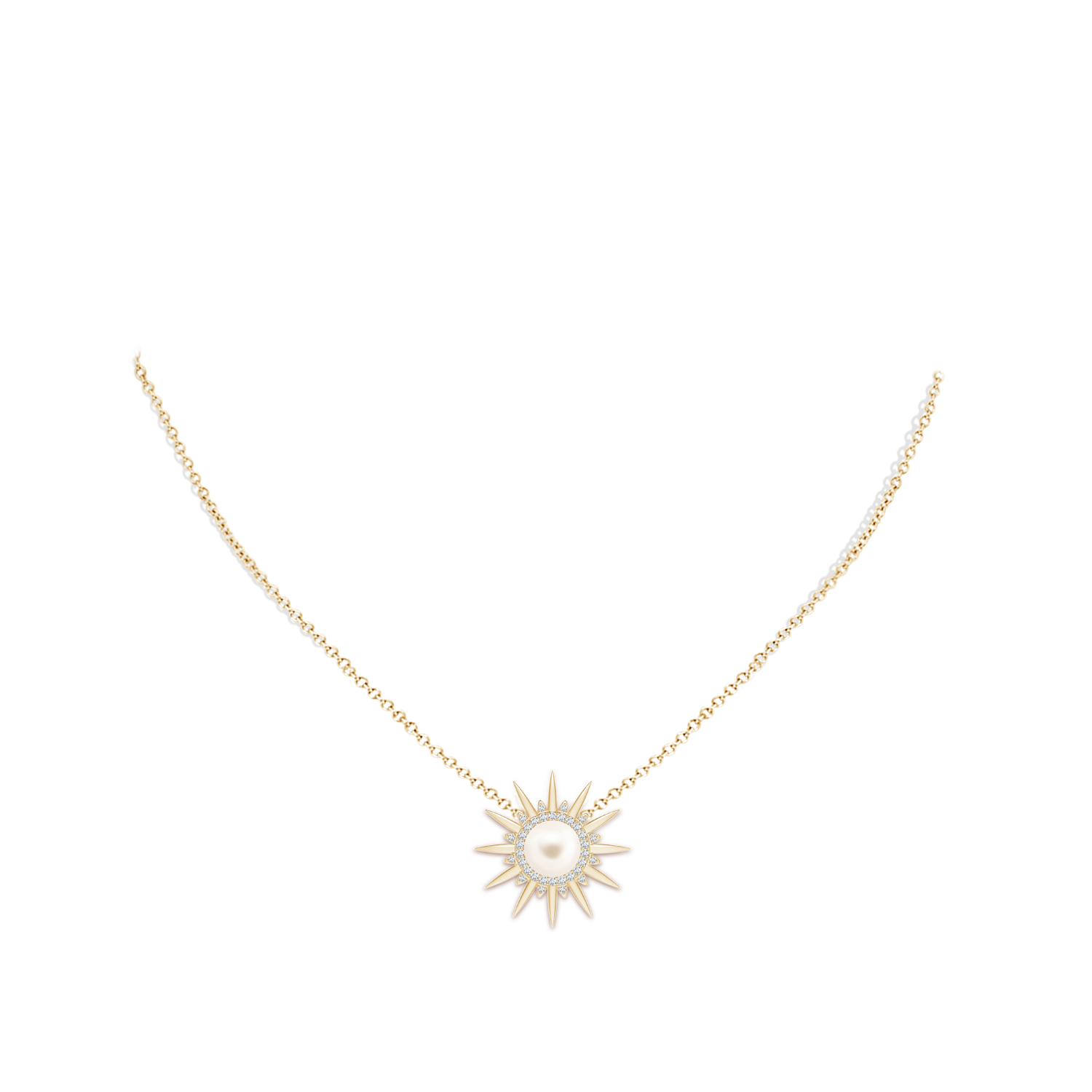 8mm AAA Freshwater Pearl Gemini Multi-Wear Starburst Halo Pendant in Yellow Gold - body_neck