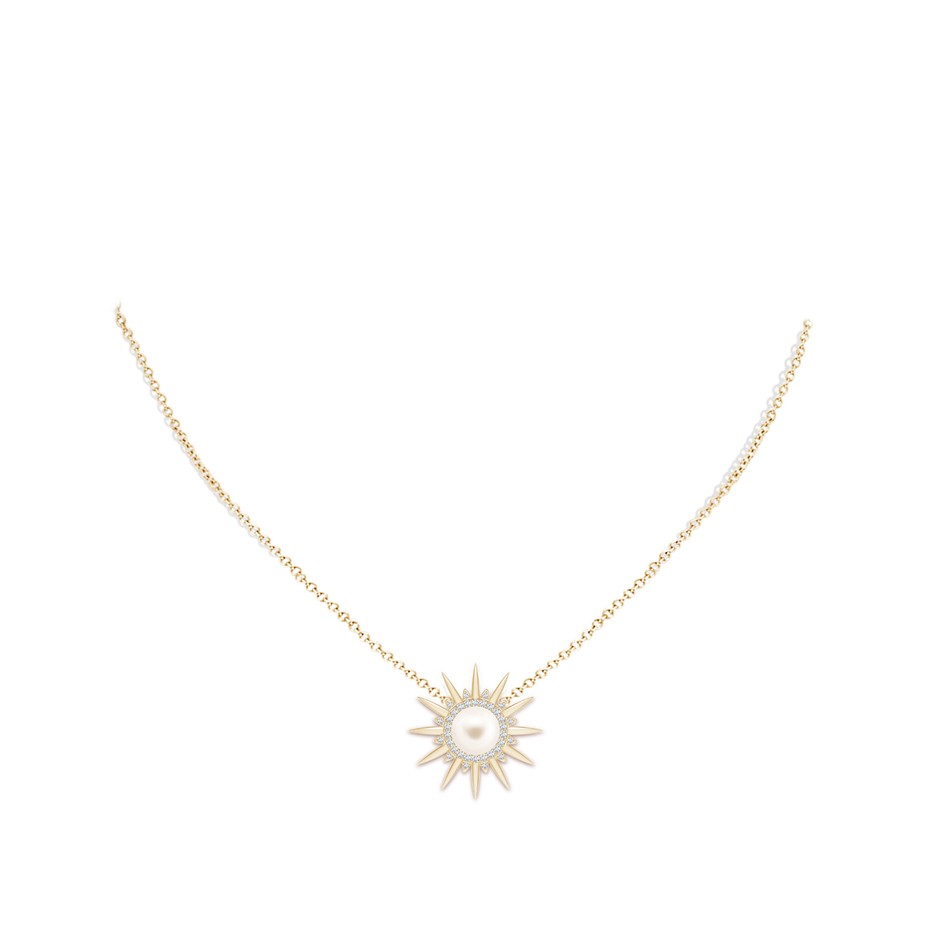 8mm AAA Freshwater Pearl Gemini Multi-Wear Starburst Halo Pendant in Yellow Gold body-neck