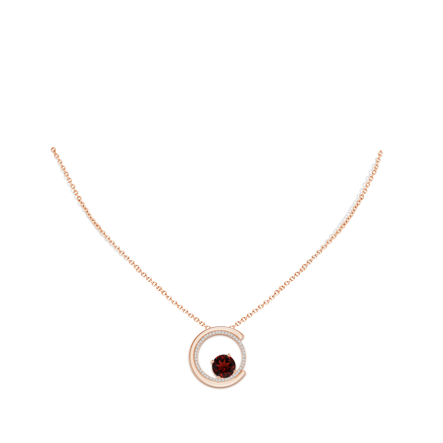 8mm AAA Garnet and Diamond Capricorn Circle Pendant with Open Halo in Rose Gold - body_neck