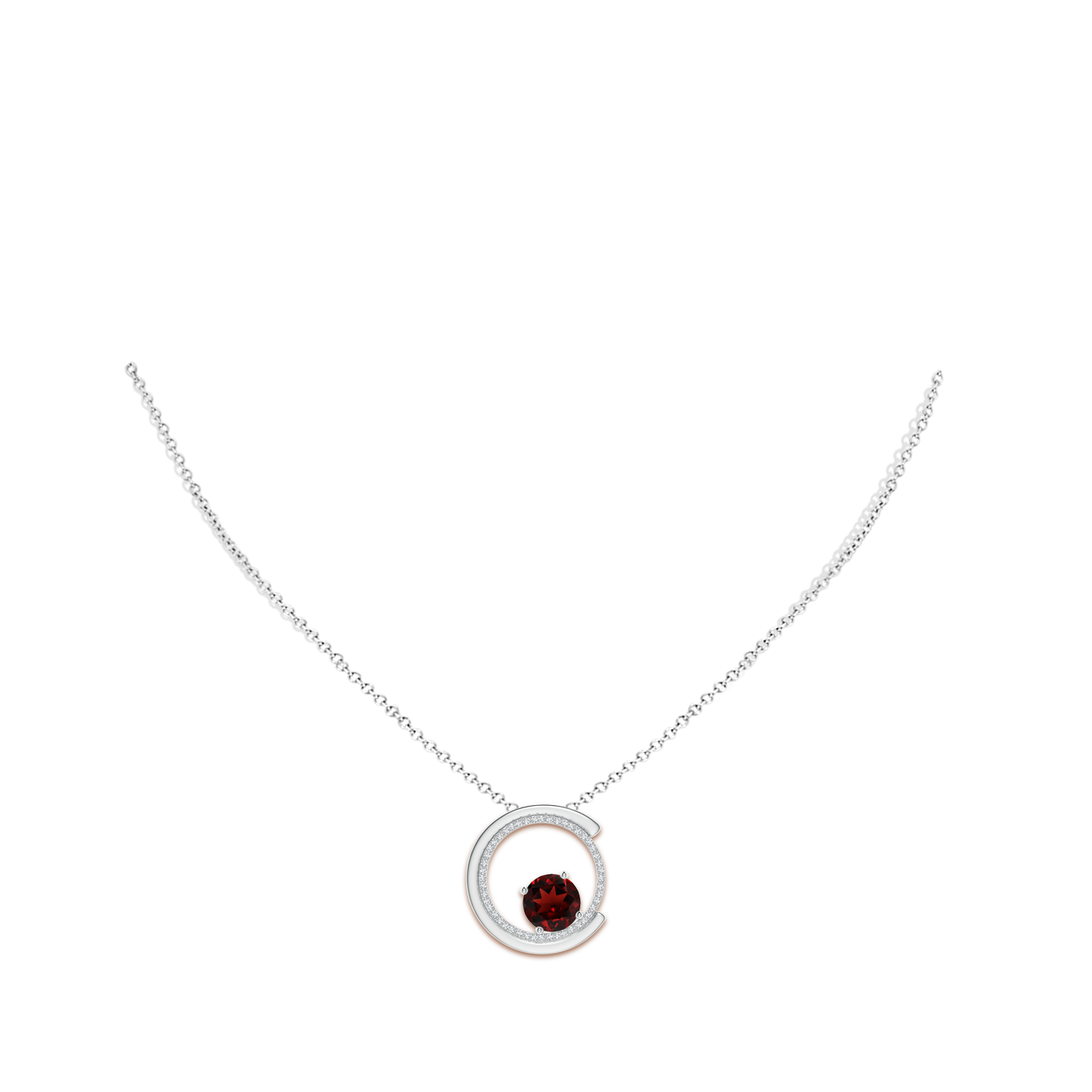 8mm AAA Garnet and Diamond Capricorn Circle Pendant with Open Halo in White Gold - body_neck