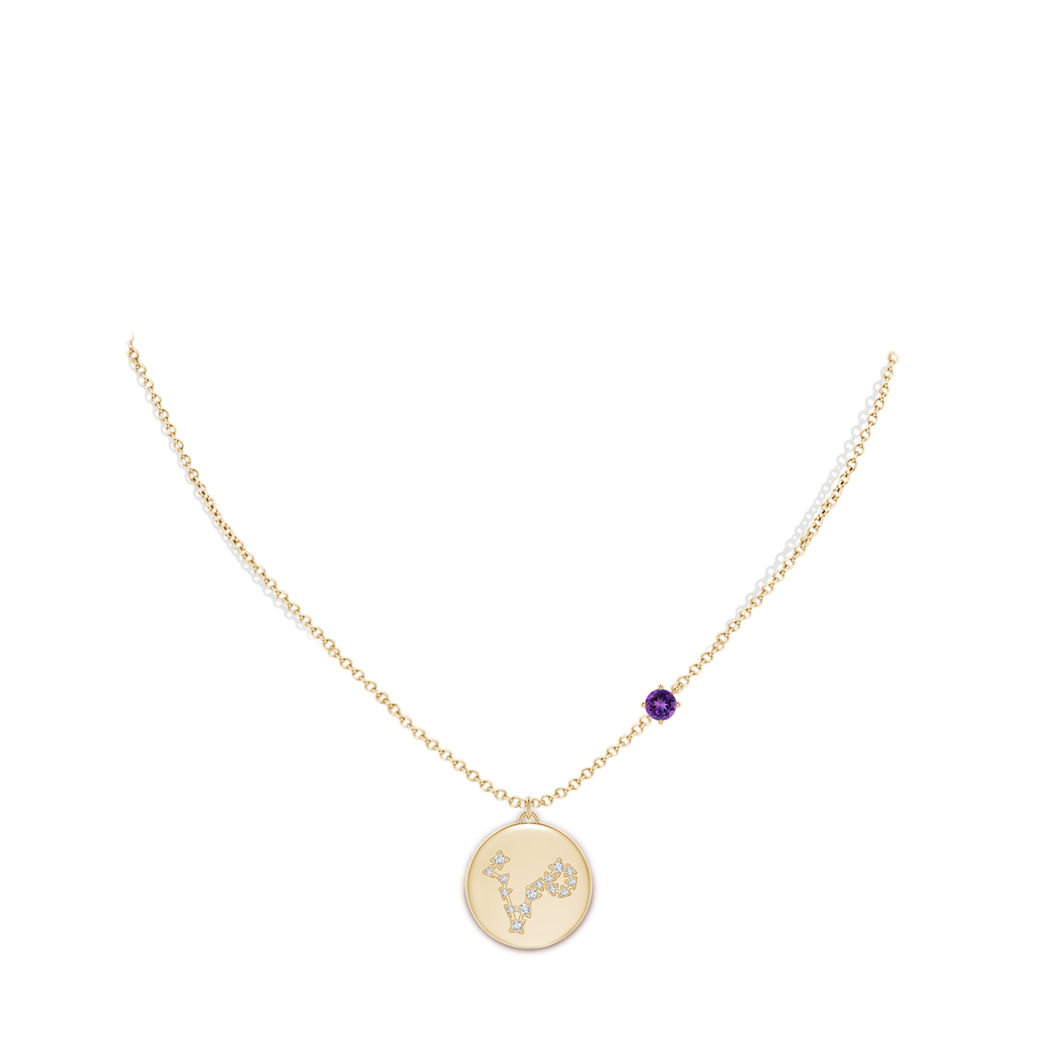 4mm AAAA Amethyst Pisces Constellation Medallion Pendant in Yellow Gold - body_neck