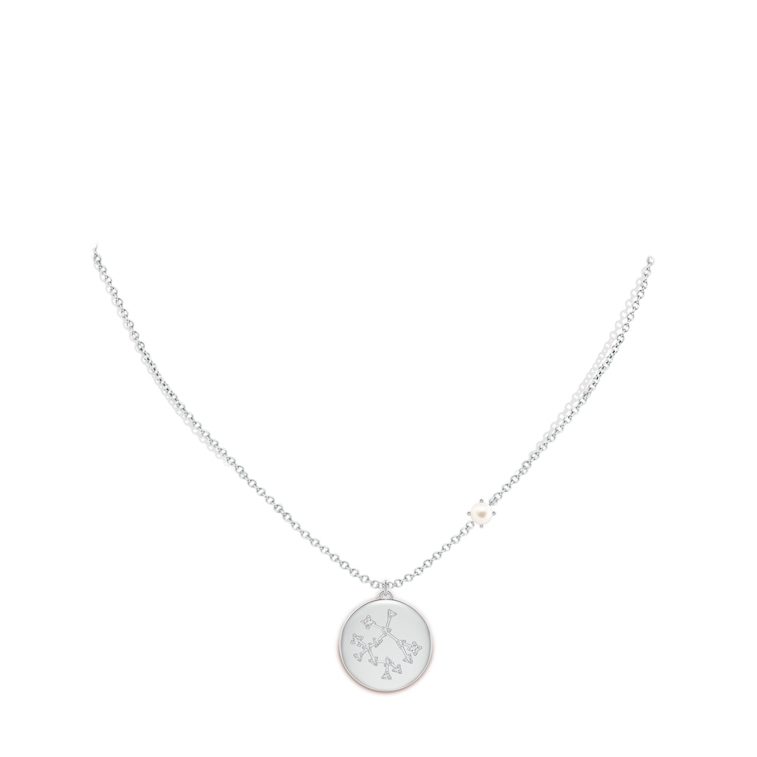 4mm AAA Freshwater Pearl Gemini Constellation Medallion Pendant in White Gold - body_neck