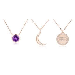 4mm AAA Amethyst Aquarius Zodiac Crescent Moon Medallion Layered Necklace in 10K Rose Gold