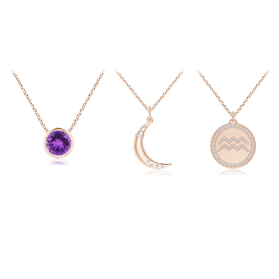 4mm AAA Amethyst Aquarius Zodiac Crescent Moon Medallion Layered Necklace in Rose Gold 