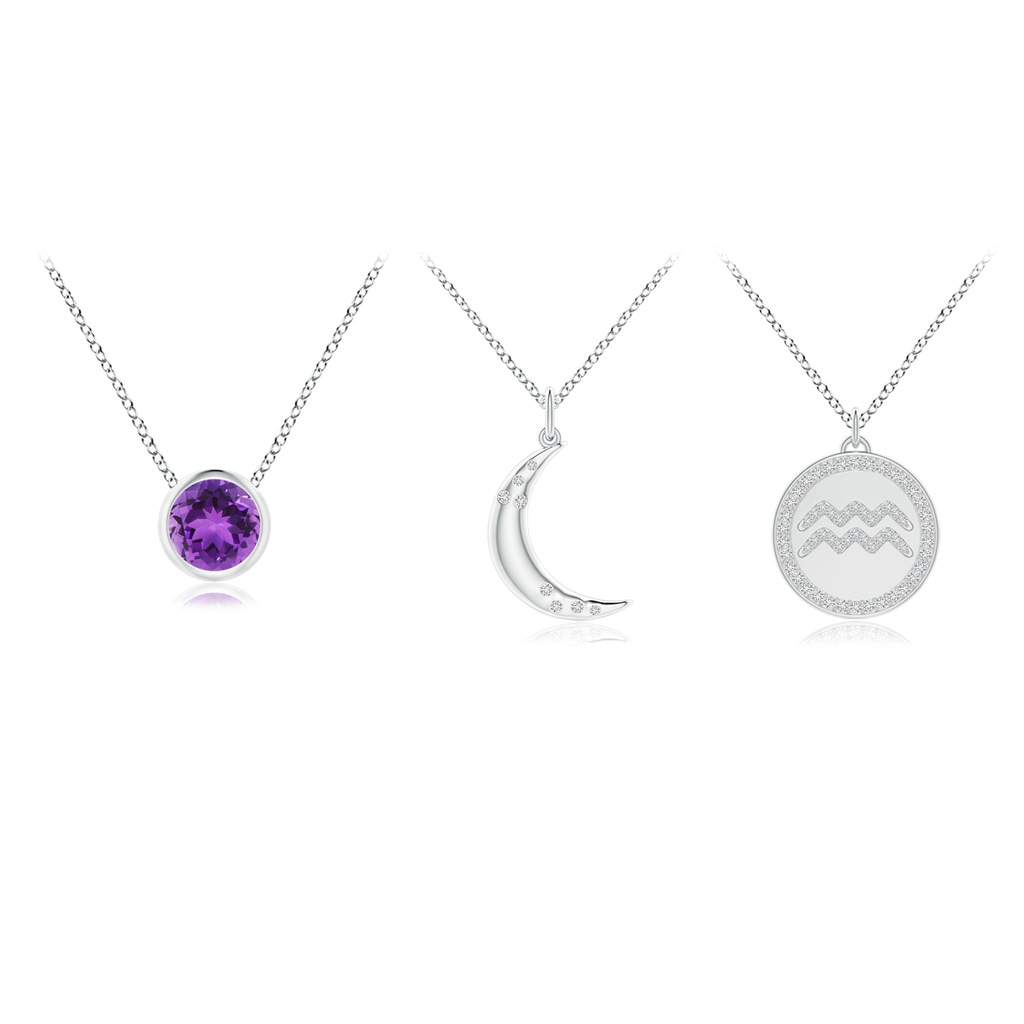 4mm AAA Amethyst Aquarius Zodiac Crescent Moon Medallion Layered Necklace in White Gold