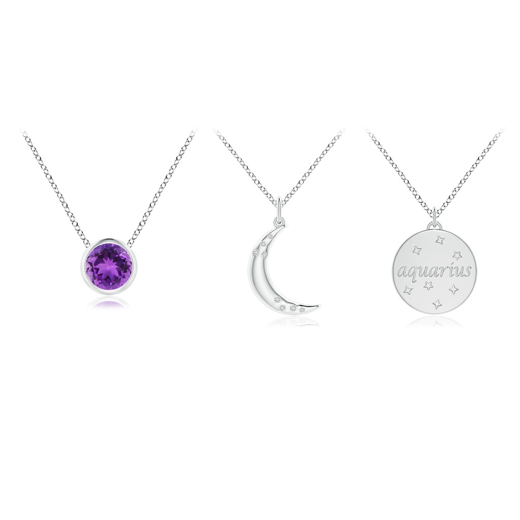 4mm AAA Amethyst Aquarius Zodiac Crescent Moon Medallion Layered Necklace in White Gold - side_1