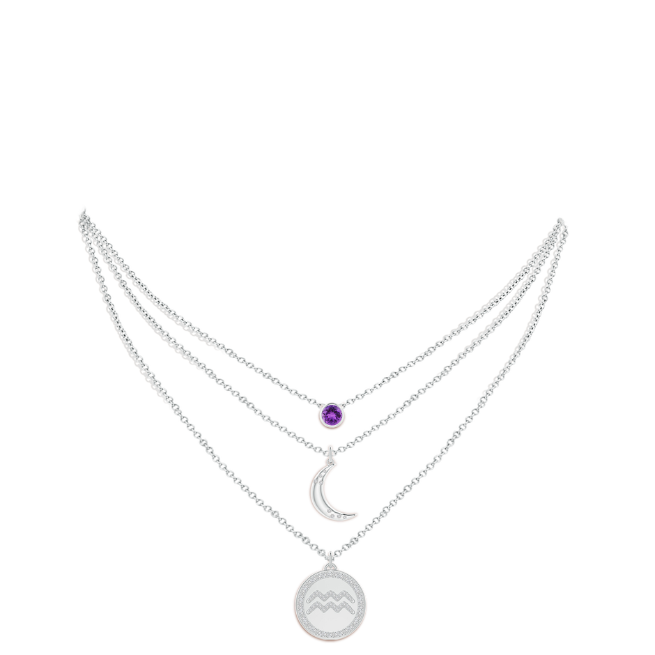 4mm AAA Amethyst Aquarius Zodiac Crescent Moon Medallion Layered Necklace in White Gold body-neck