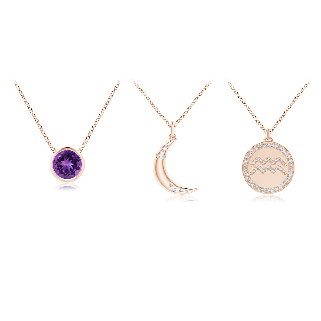 4mm AAAA Amethyst Aquarius Zodiac Crescent Moon Medallion Layered Necklace in Rose Gold