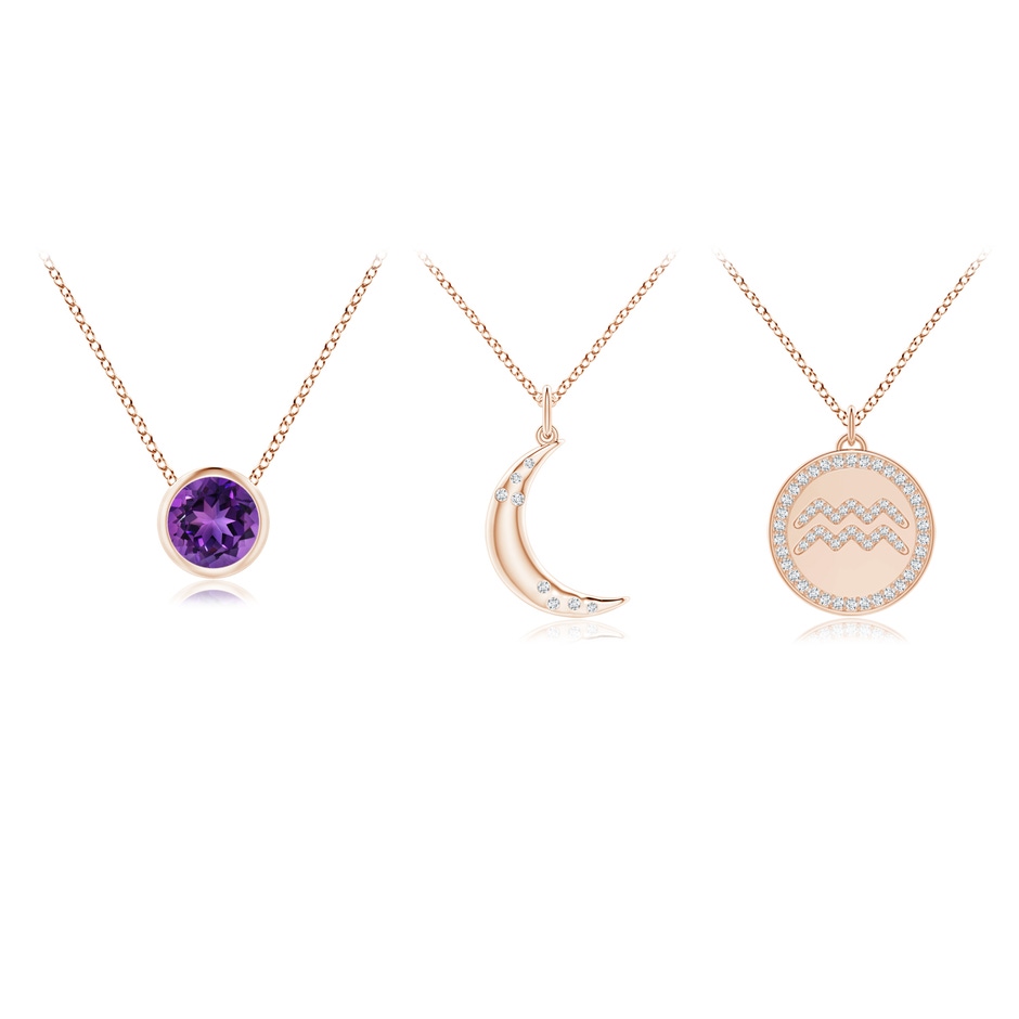 4mm AAAA Amethyst Aquarius Zodiac Crescent Moon Medallion Layered Necklace in Rose Gold 