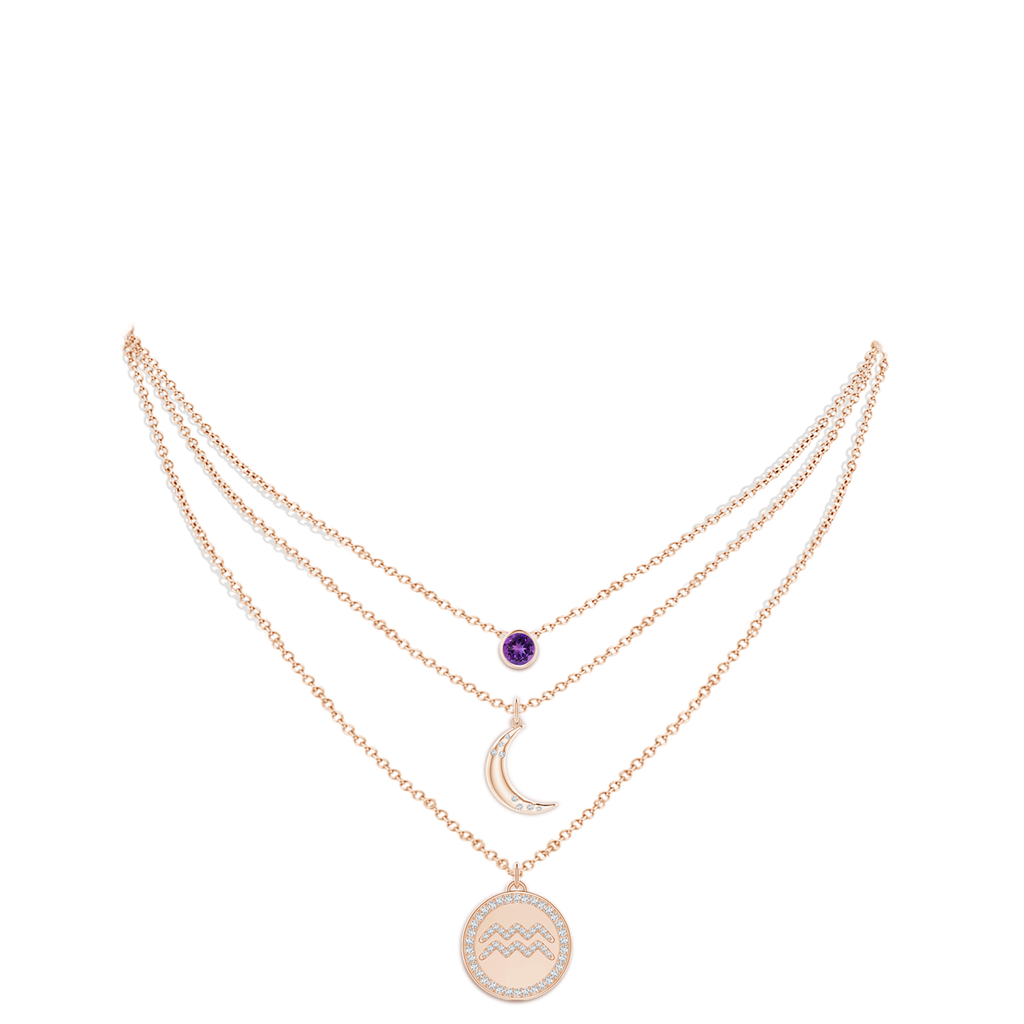 4mm AAAA Amethyst Aquarius Zodiac Crescent Moon Medallion Layered Necklace in Rose Gold Body-Neck
