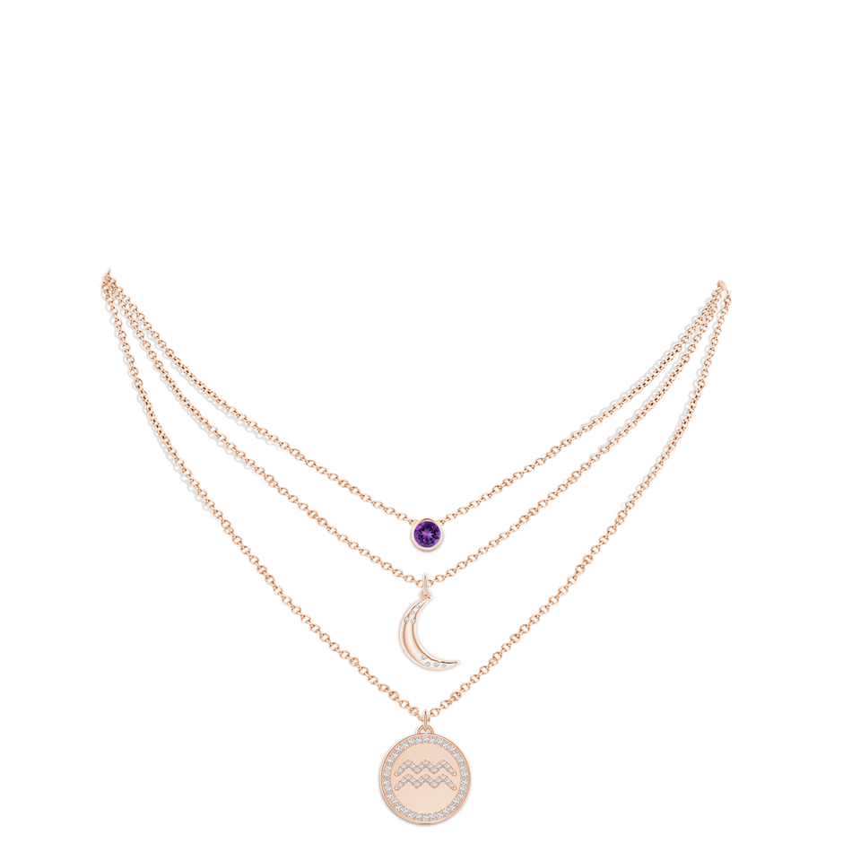 4mm AAAA Amethyst Aquarius Zodiac Crescent Moon Medallion Layered Necklace in Rose Gold body-neck