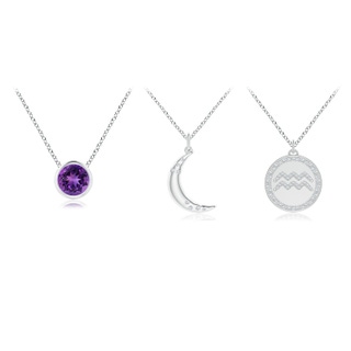4mm AAAA Amethyst Aquarius Zodiac Crescent Moon Medallion Layered Necklace in White Gold