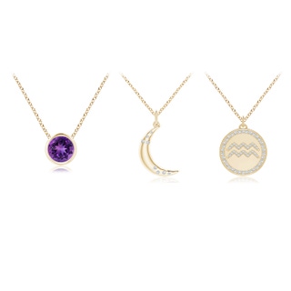 4mm AAAA Amethyst Aquarius Zodiac Crescent Moon Medallion Layered Necklace in Yellow Gold