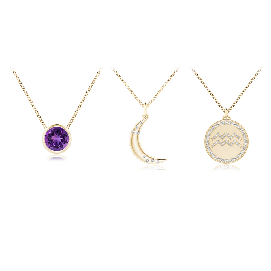 4mm AAAA Amethyst Aquarius Zodiac Crescent Moon Medallion Layered Necklace in Yellow Gold 