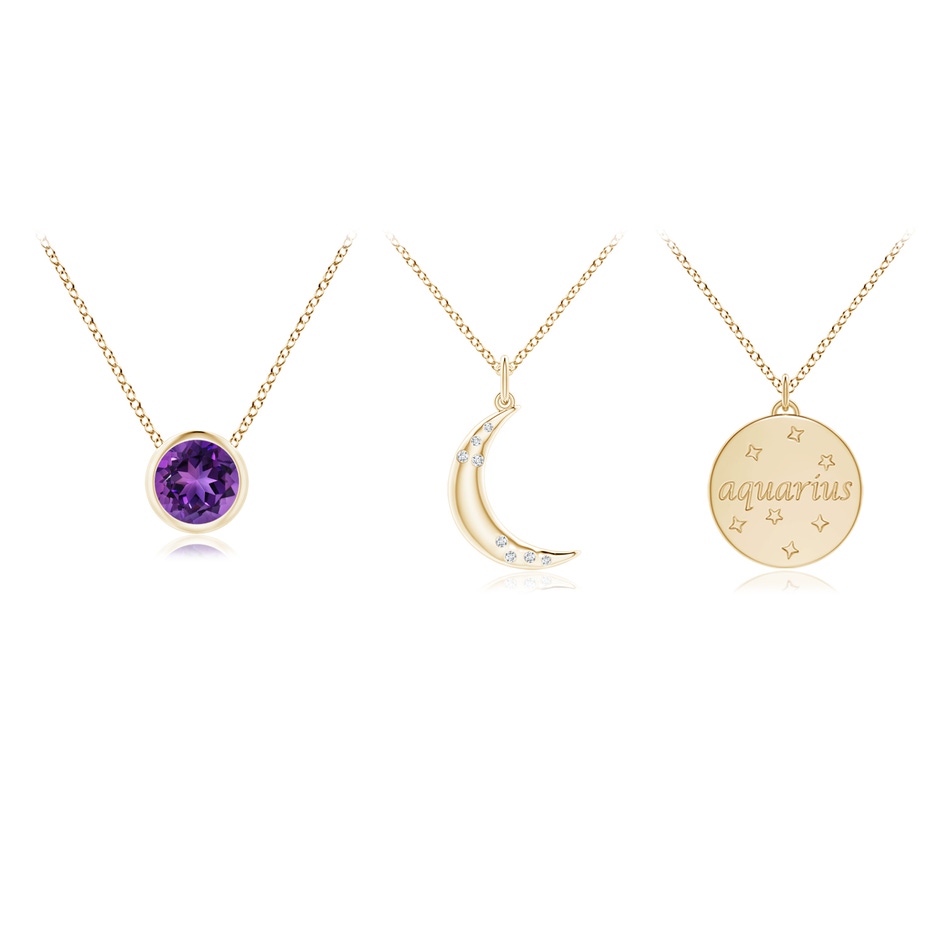 4mm AAAA Amethyst Aquarius Zodiac Crescent Moon Medallion Layered Necklace in Yellow Gold side-1