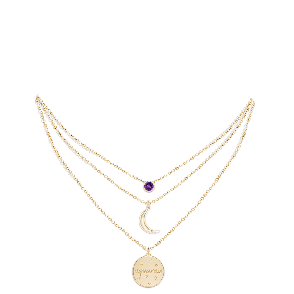4mm AAAA Amethyst Aquarius Zodiac Crescent Moon Medallion Layered Necklace in Yellow Gold body-neck