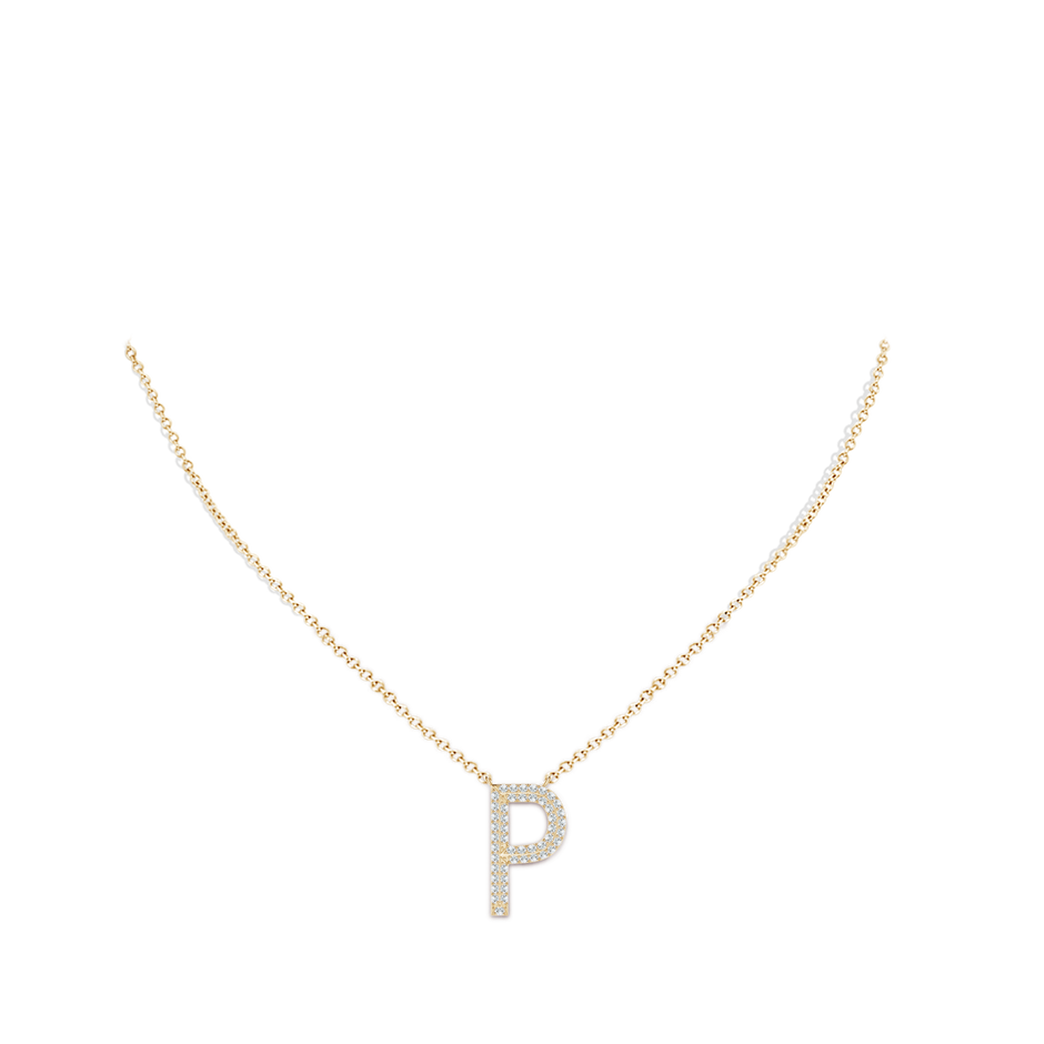 1mm GVS2 Prong-Set Diamond Capital "P" Knife-Edge Initial Pendant in Yellow Gold body-neck