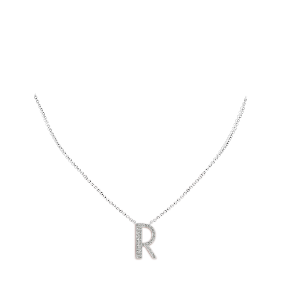 1.2mm KI3 Modern Deco Diamond Capital "R" Initial Pendant in White Gold body-neck