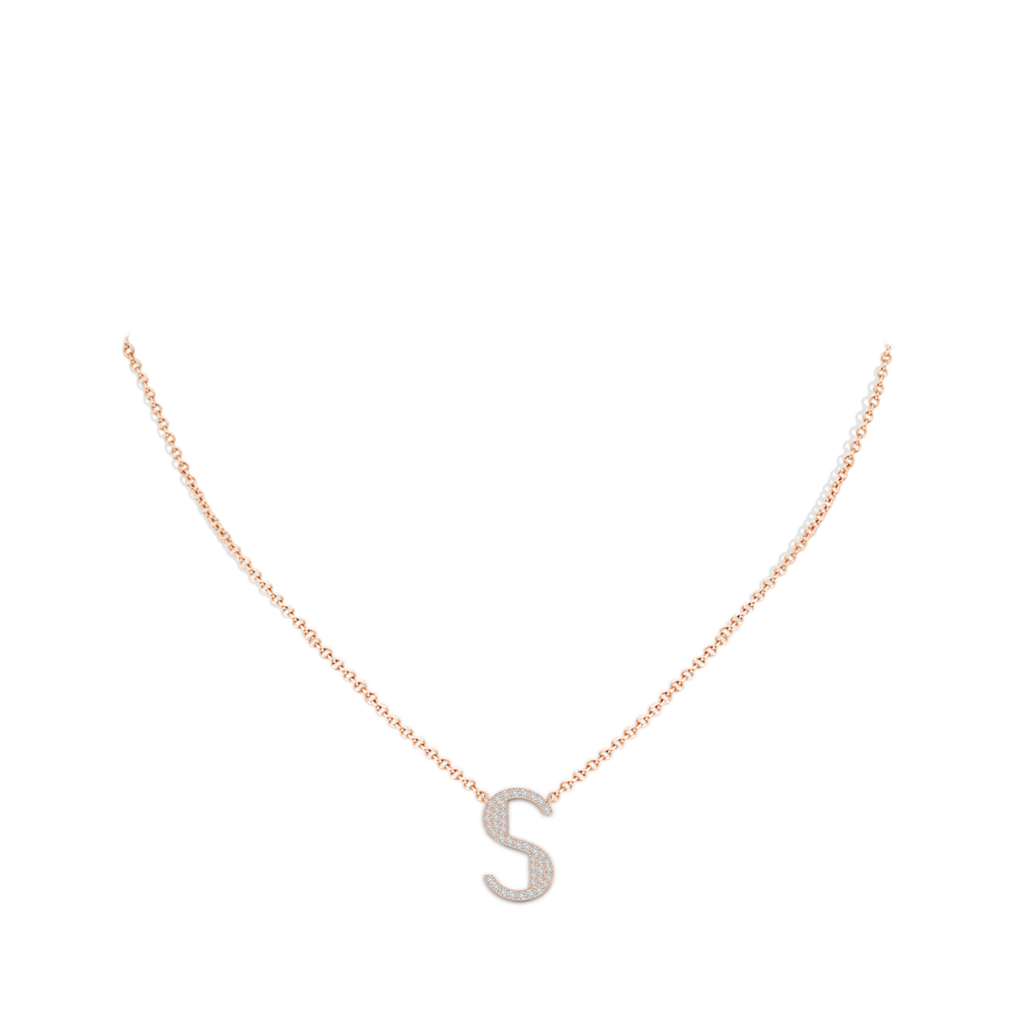 1.2mm HSI2 Modern Deco Diamond Capital "S" Initial Pendant in Rose Gold - body_neck