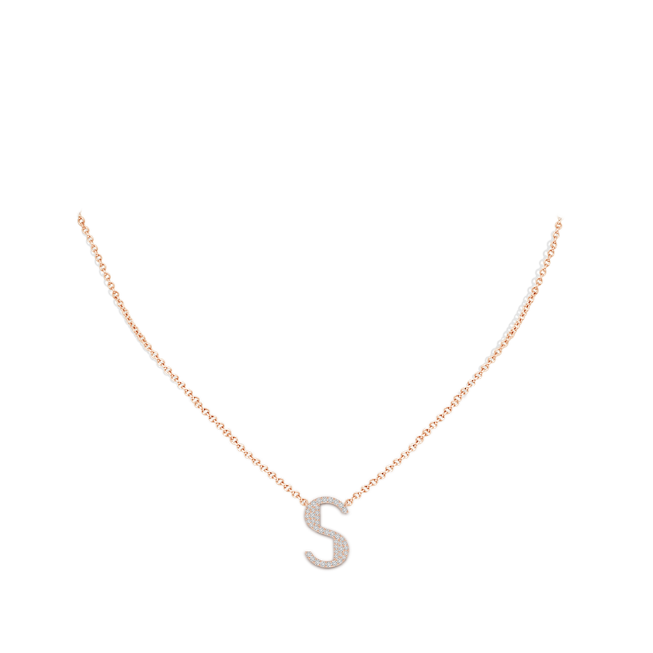 1.2mm HSI2 Modern Deco Diamond Capital "S" Initial Pendant in Rose Gold body-neck