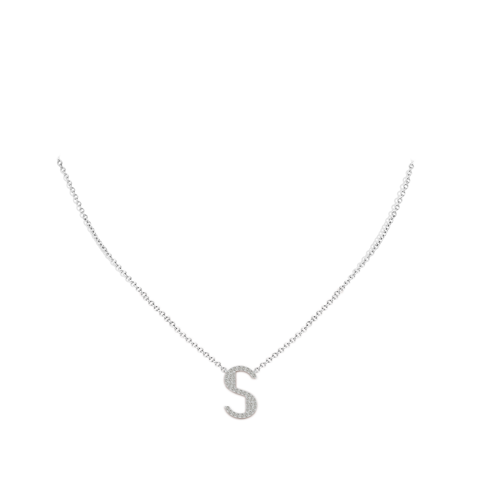 1.2mm KI3 Modern Deco Diamond Capital "S" Initial Pendant in White Gold body-neck