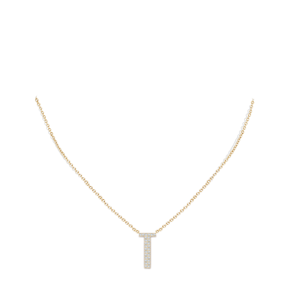 1.15mm GVS2 Modern Deco Diamond Capital "T" Initial Pendant in Yellow Gold body-neck