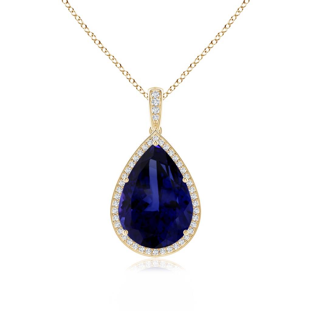 20.11x13.06x10.6mm AAAA GIA Certified Pear-Shaped Tanzanite Floral Basket Halo Pendant in Yellow Gold