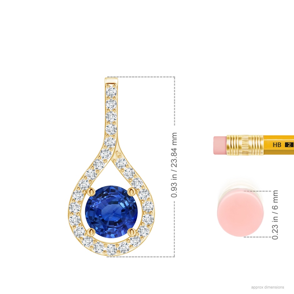 7.04x6.97x4.85mm AAA Floating Blue Sapphire Drop Pendant with Diamonds in 18K Yellow Gold ruler