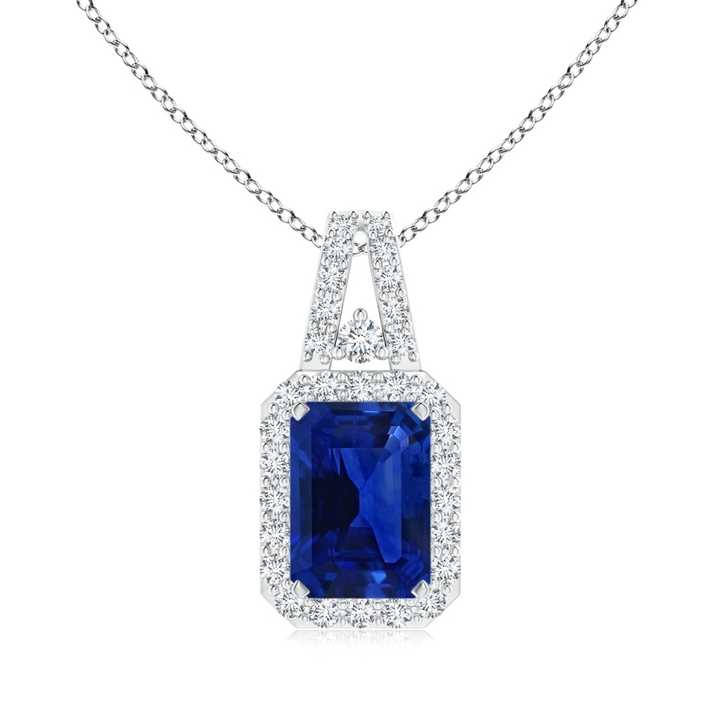 6.98x4.86x3.12mm AAA GIA Certified Emerald Cut Sapphire Halo Pendant in White Gold