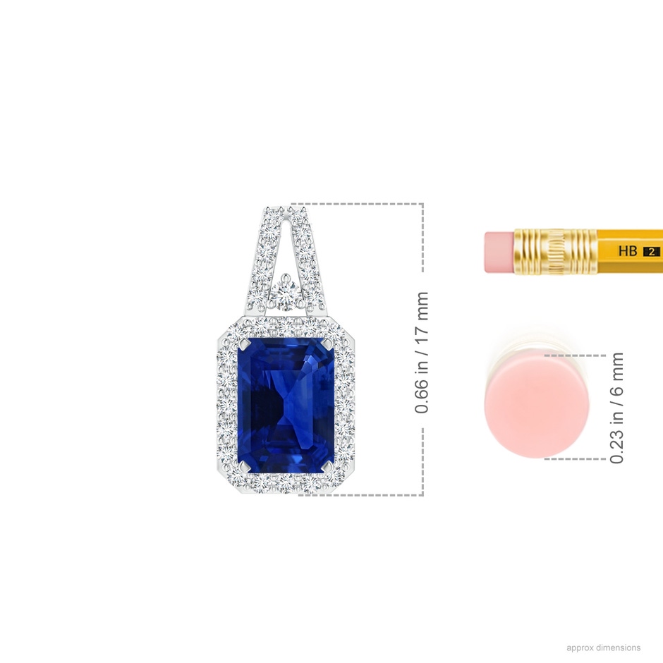 6.98x4.86x3.12mm AAA GIA Certified Emerald Cut Sapphire Halo Pendant in White Gold ruler