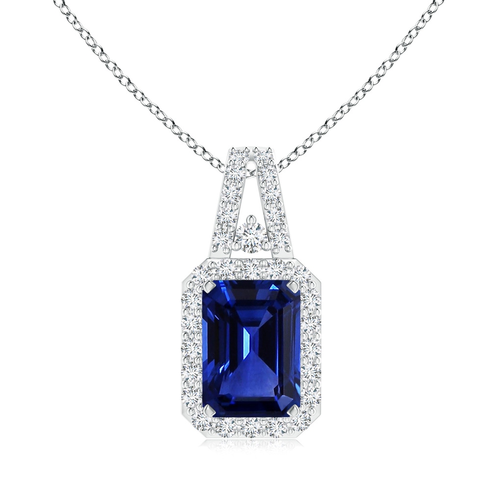7.01x4.95x3.41mm AAA GIA Certified Emerald Cut Sapphire Halo Pendant in White Gold