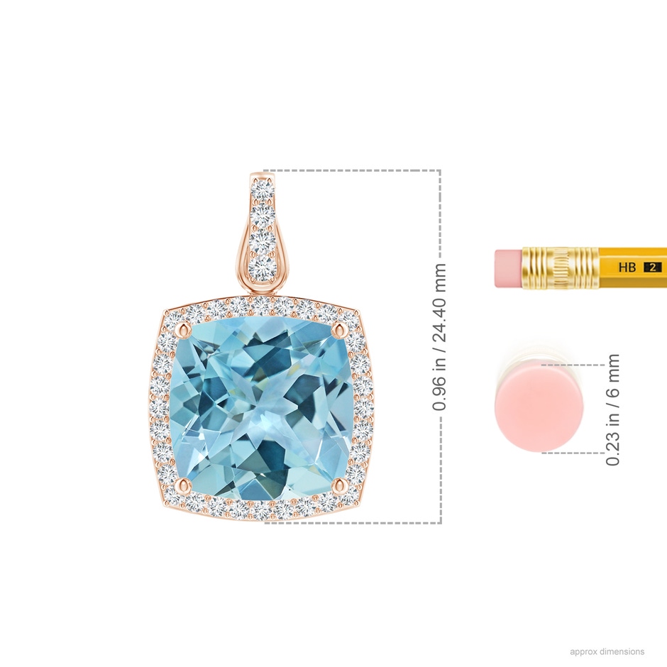 12.07x12.06x7.18mm AAA Classic GIA Certified Cushion Sky Blue Topaz Dangling Pendant With Diamond Halo in Rose Gold ruler