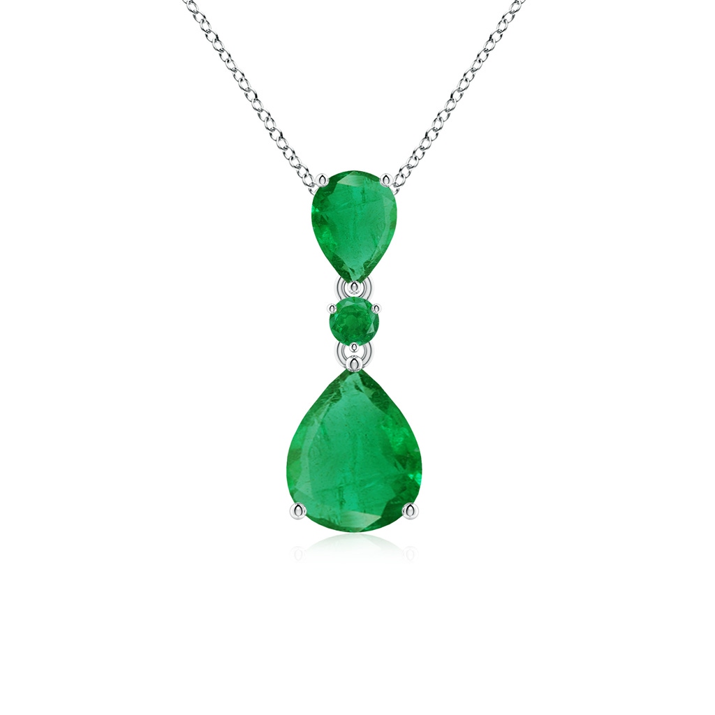 10x8mm AA Pear and Round Emerald Three Stone Pendant in White Gold