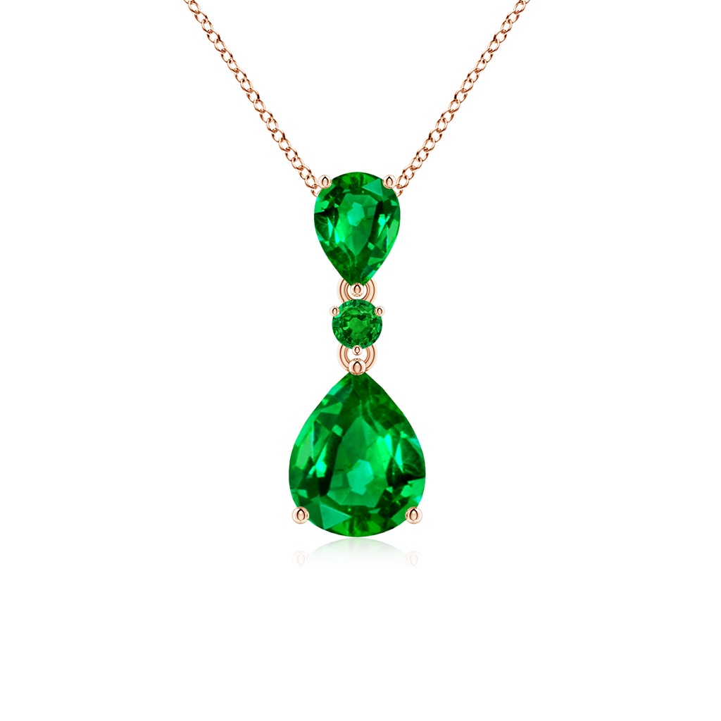 10x8mm AAAA Pear and Round Emerald Three Stone Pendant in Rose Gold