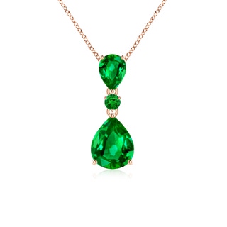 10x8mm AAAA Pear and Round Emerald Three Stone Pendant in Rose Gold