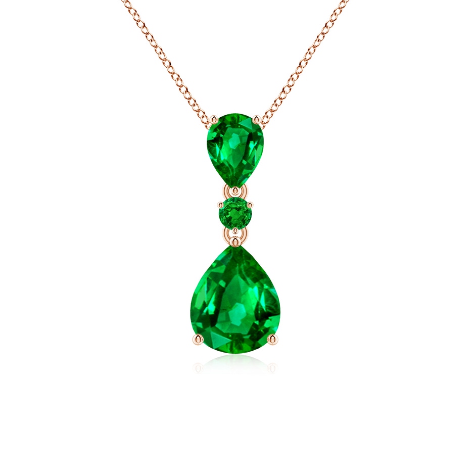 10x8mm AAAA Pear and Round Emerald Three Stone Pendant in Rose Gold 