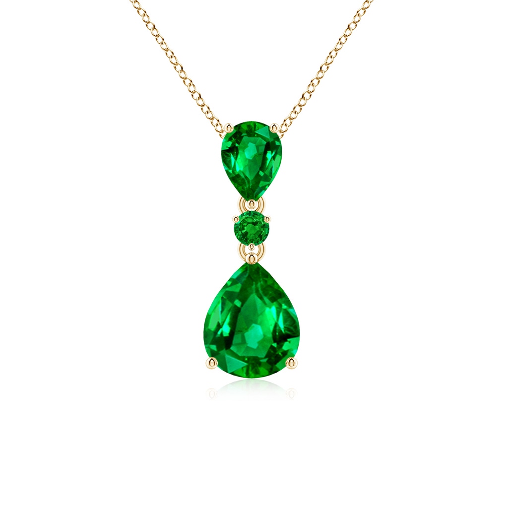 10x8mm AAAA Pear and Round Emerald Three Stone Pendant in Yellow Gold