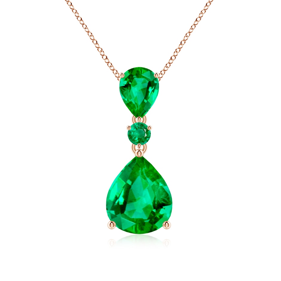 12x10mm AAA Pear and Round Emerald Three Stone Pendant in Rose Gold 