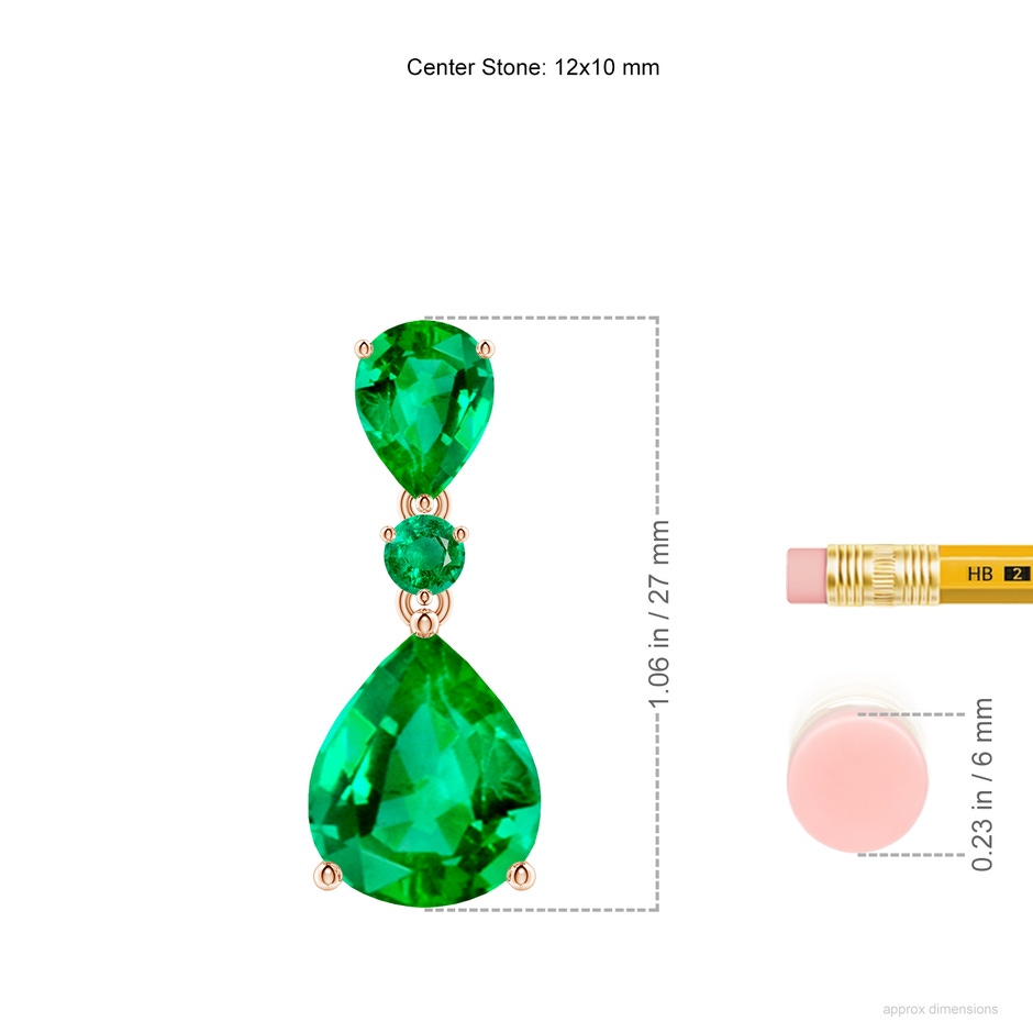 12x10mm AAA Pear and Round Emerald Three Stone Pendant in Rose Gold ruler
