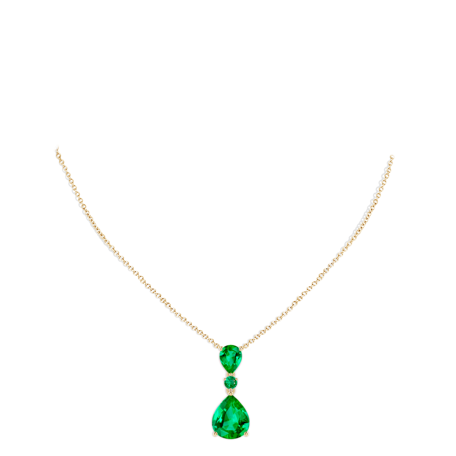 12x10mm AAA Pear and Round Emerald Three Stone Pendant in Yellow Gold pen