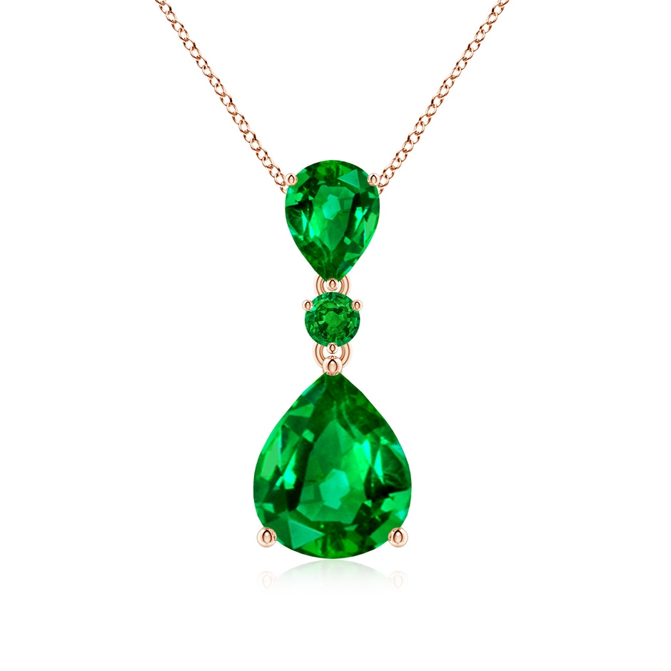 12x10mm AAAA Pear and Round Emerald Three Stone Pendant in Rose Gold 