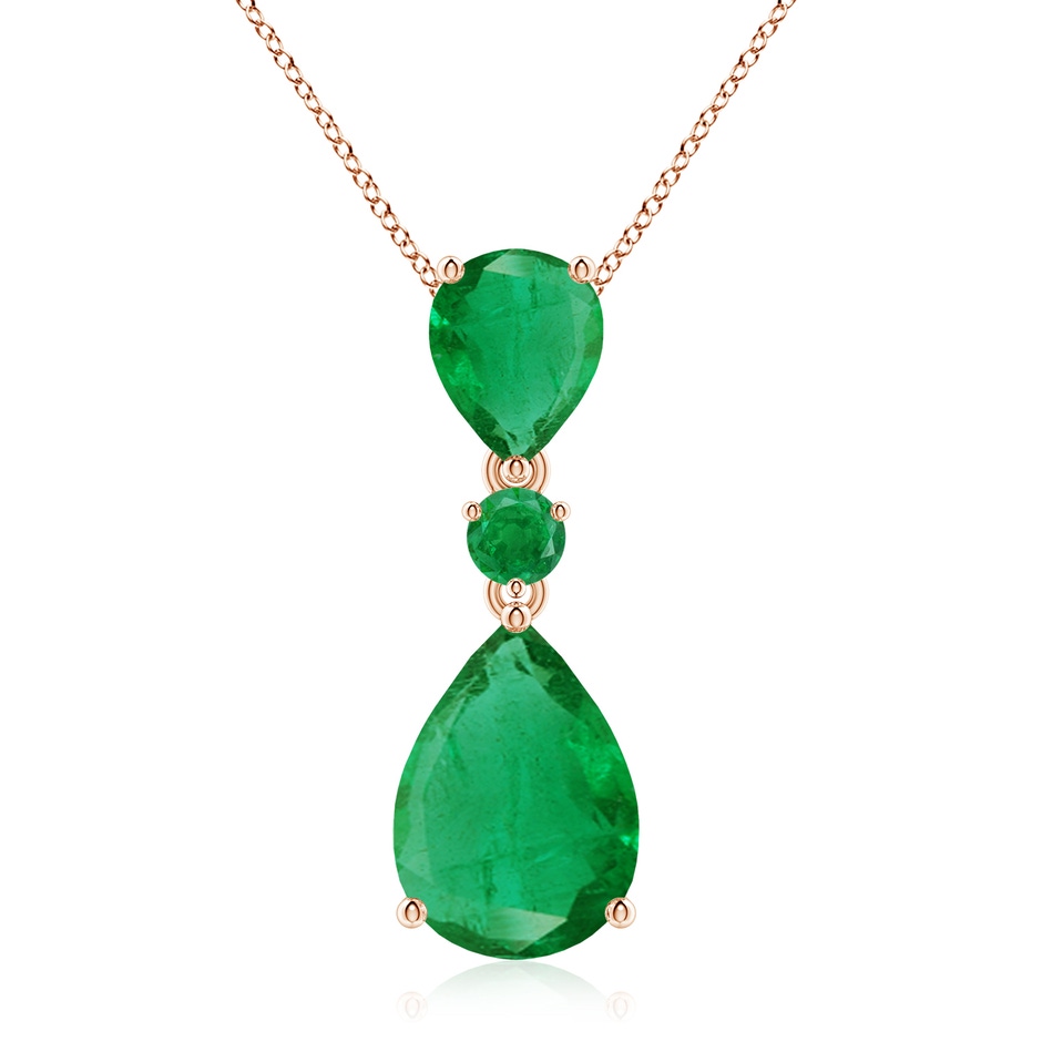 14x10mm AA Pear and Round Emerald Three Stone Pendant in Rose Gold 